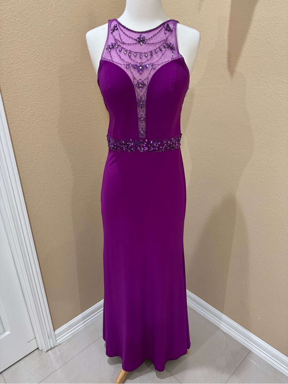 Dancing Queen Magenta Beaded Illusion Evening Gown